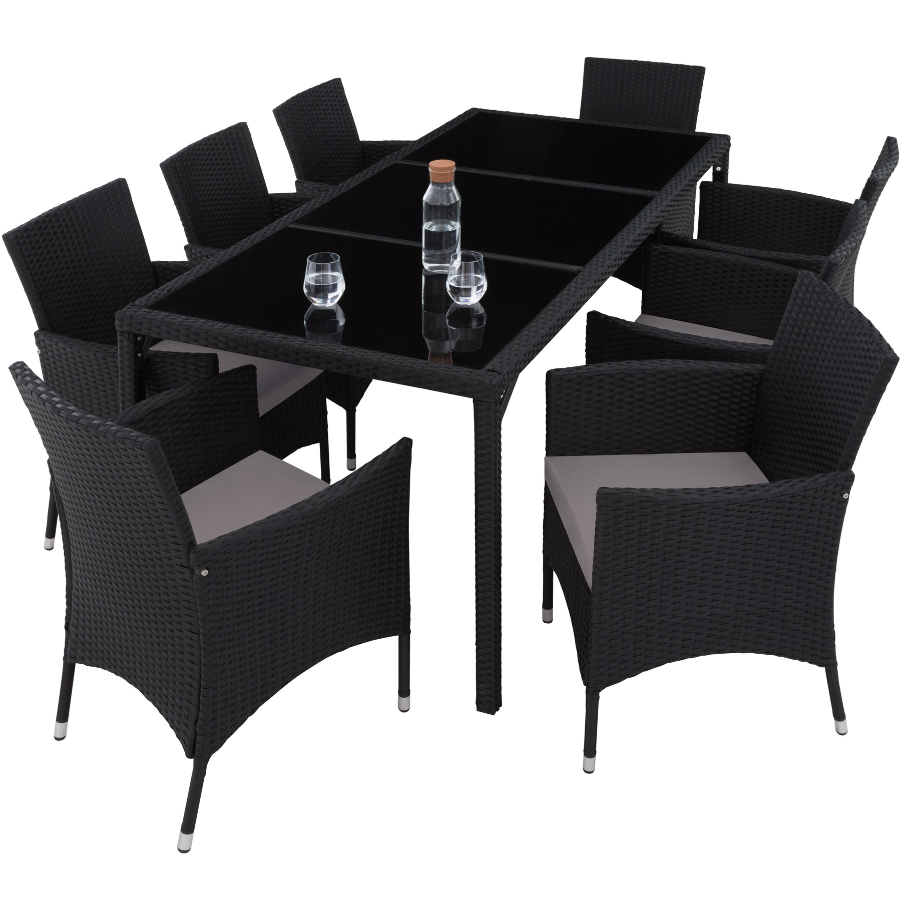Tectake jogo poli-rattan 8 cadeiras mesa vidro uv, preto/cinzento