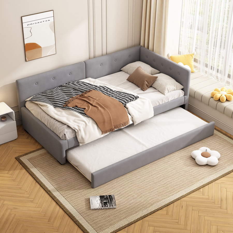 Cama de dia estofada em veludo cinzento 90 x 200 cm com cama auxiliar