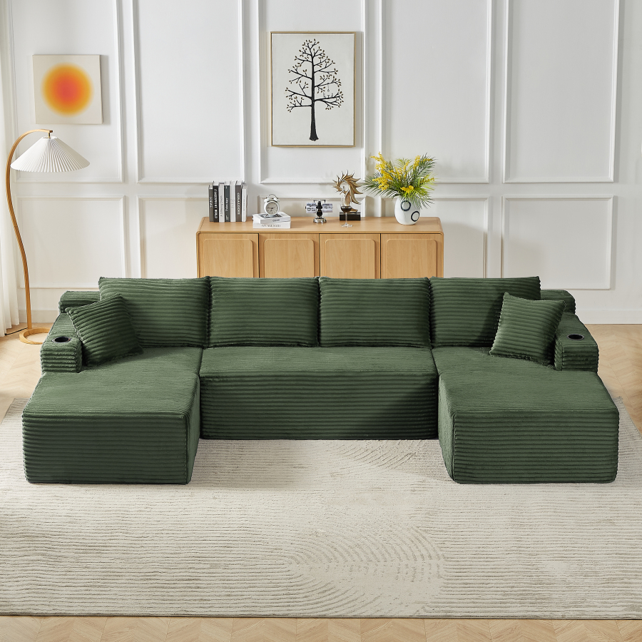 Sofá modular em u em cotelê verde com 3 peças e assento profundo