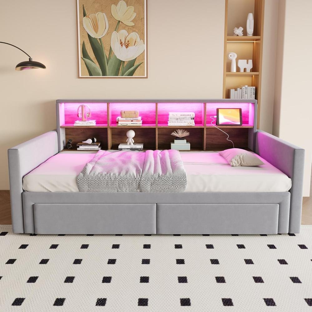 Cama com gavetão 90x190cm extensível 180cm LED usb-c cinzento escuro