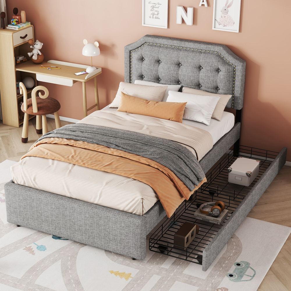 Cama estofada 90x200cm com duas gavetas mdf e linho – cinzento