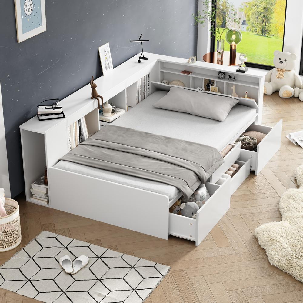 Cama infantil 90x200cm com gavetas, prateleira, armário e baú branco