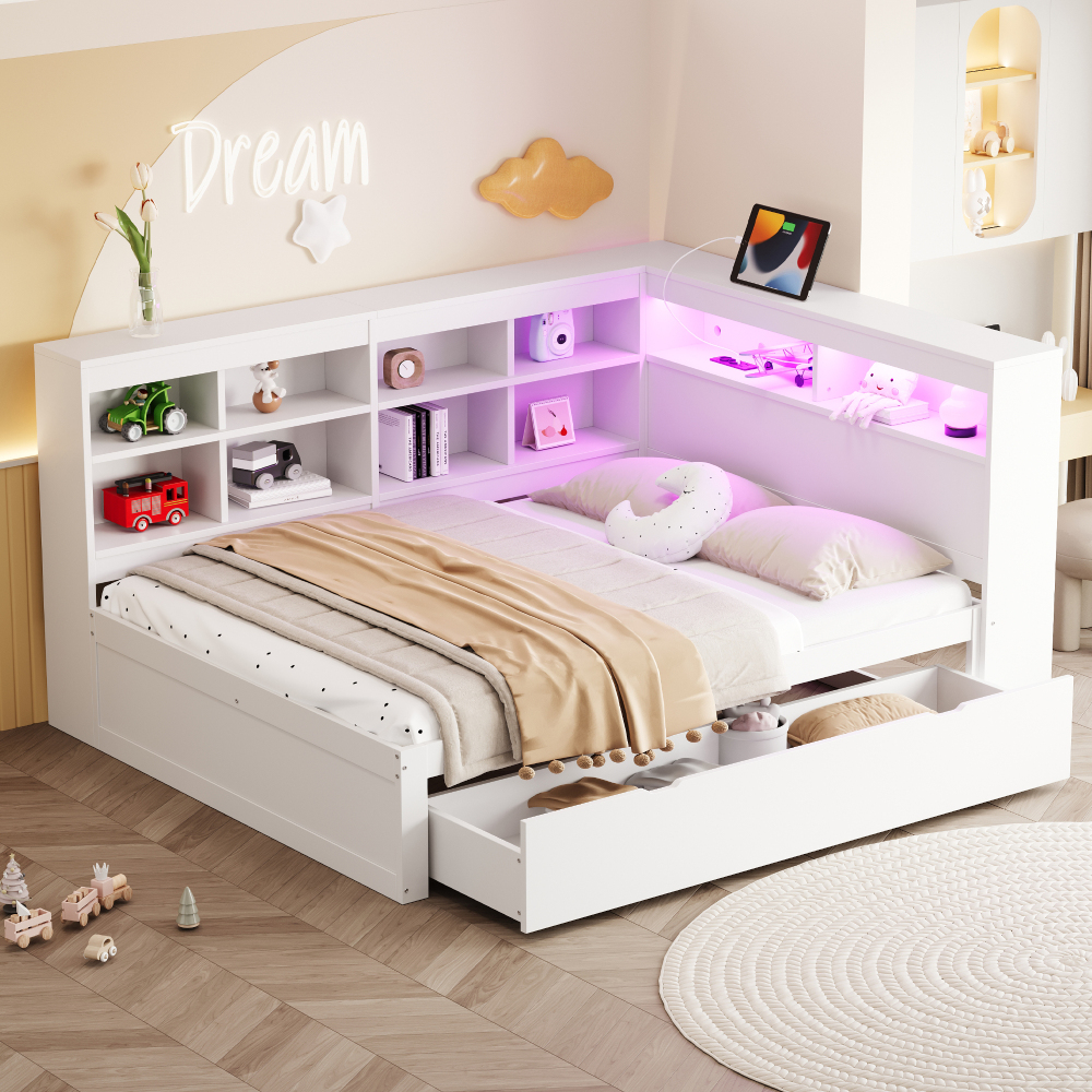 Sofá cama de madeira branco 140x200 cm com arrumação LED e usb