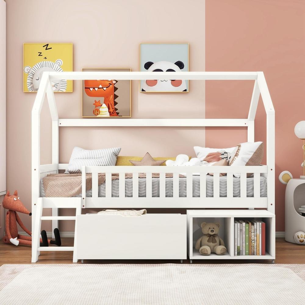 Cama cabana infantil 90x200cm com gavetas, prateleiras e escada branca