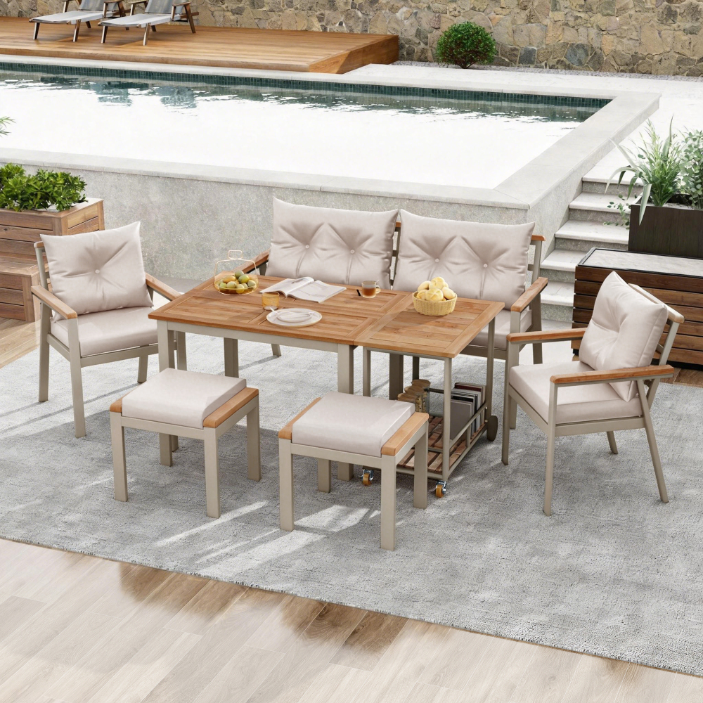 Conjunto jantar jardim acácia bege para 6-7 pessoas com carrinho removível