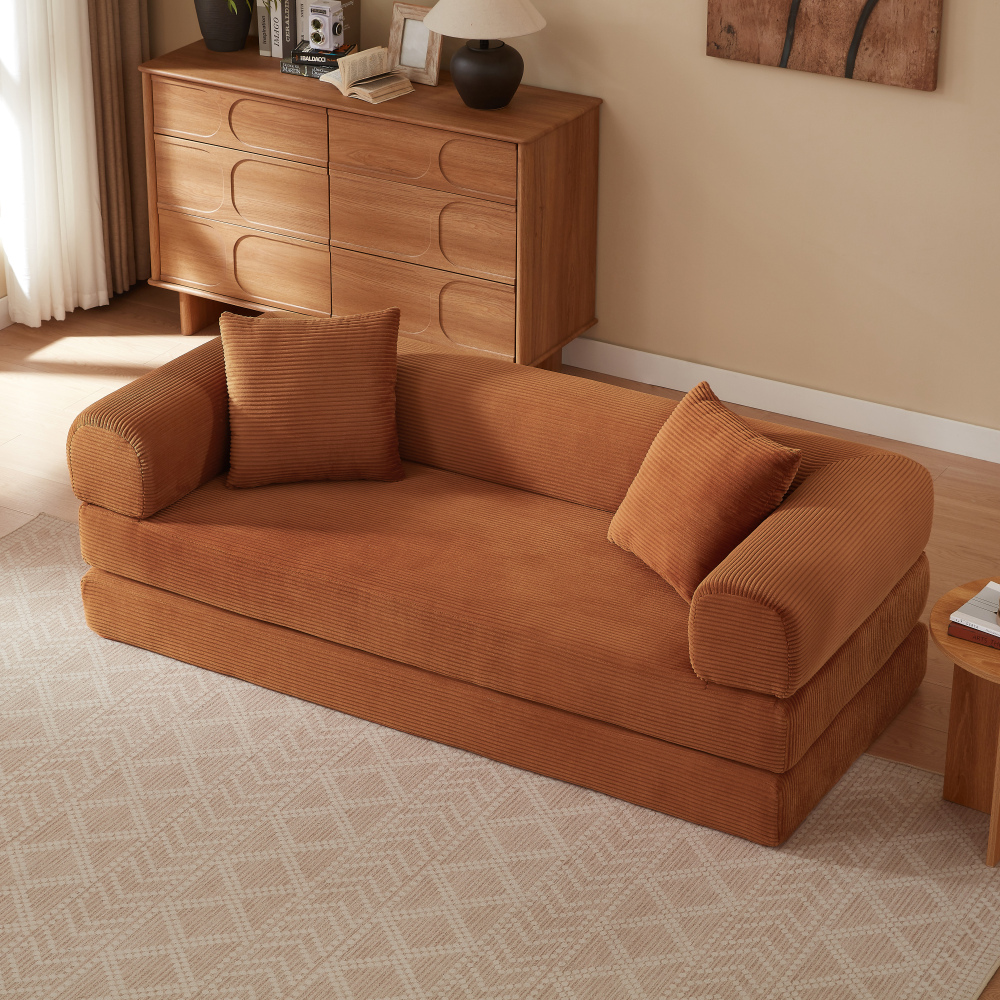 Sofá-cama dobrável modular em veludo terracota para sala e quarto