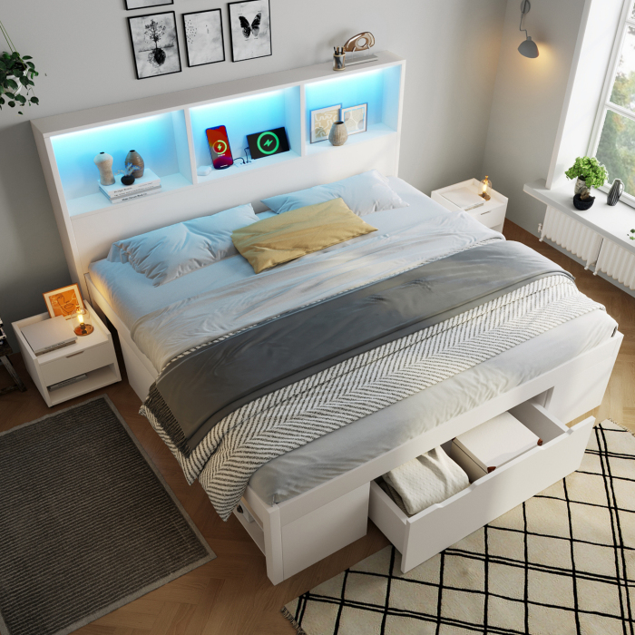 Cama de casal 140x200cm com arrumação e luz LED madeira – branco