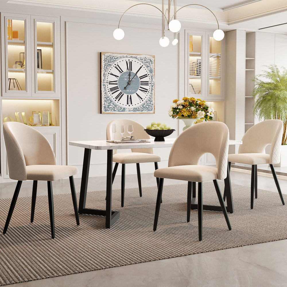 Conjunto mesa e 4 cadeiras de jantar em veludo bege com pés ajustáveis