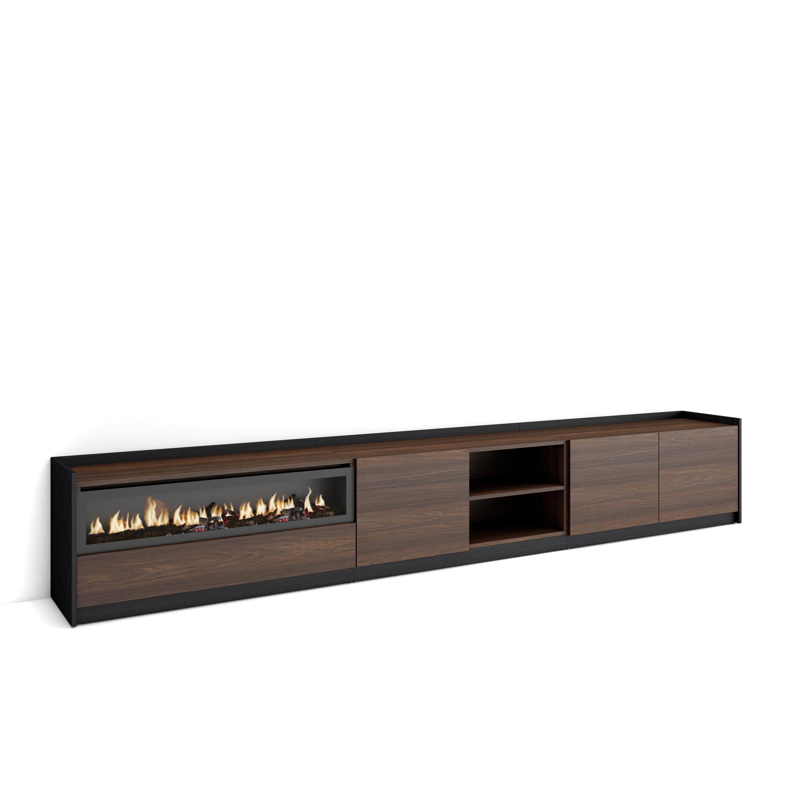 Móvel de tv, 310x37x50cm, carvalho escuro e preto, lareira eléctrica rf4339