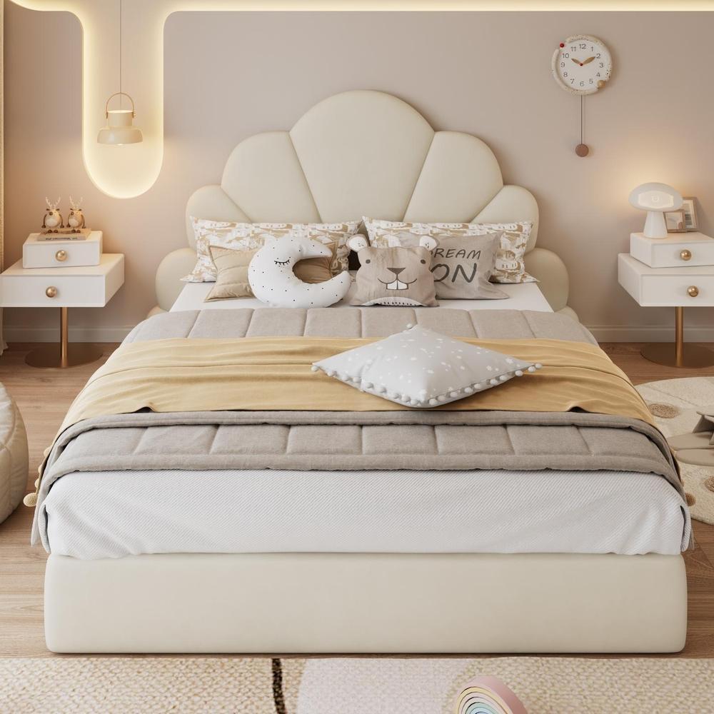 Cama de casal estofada em veludo 140x200cm com cabeceira bege