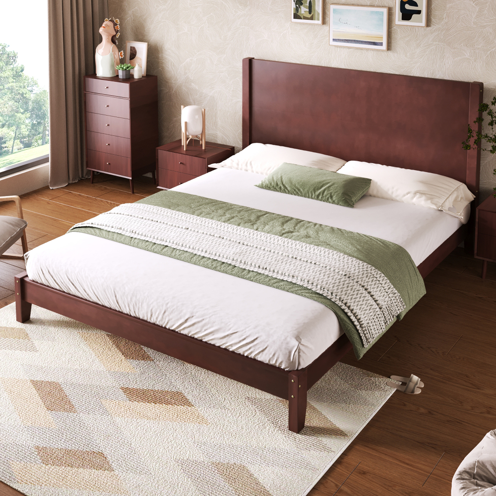 Cama de casal 160x200cm com cabeceira e estrado madeira castanho