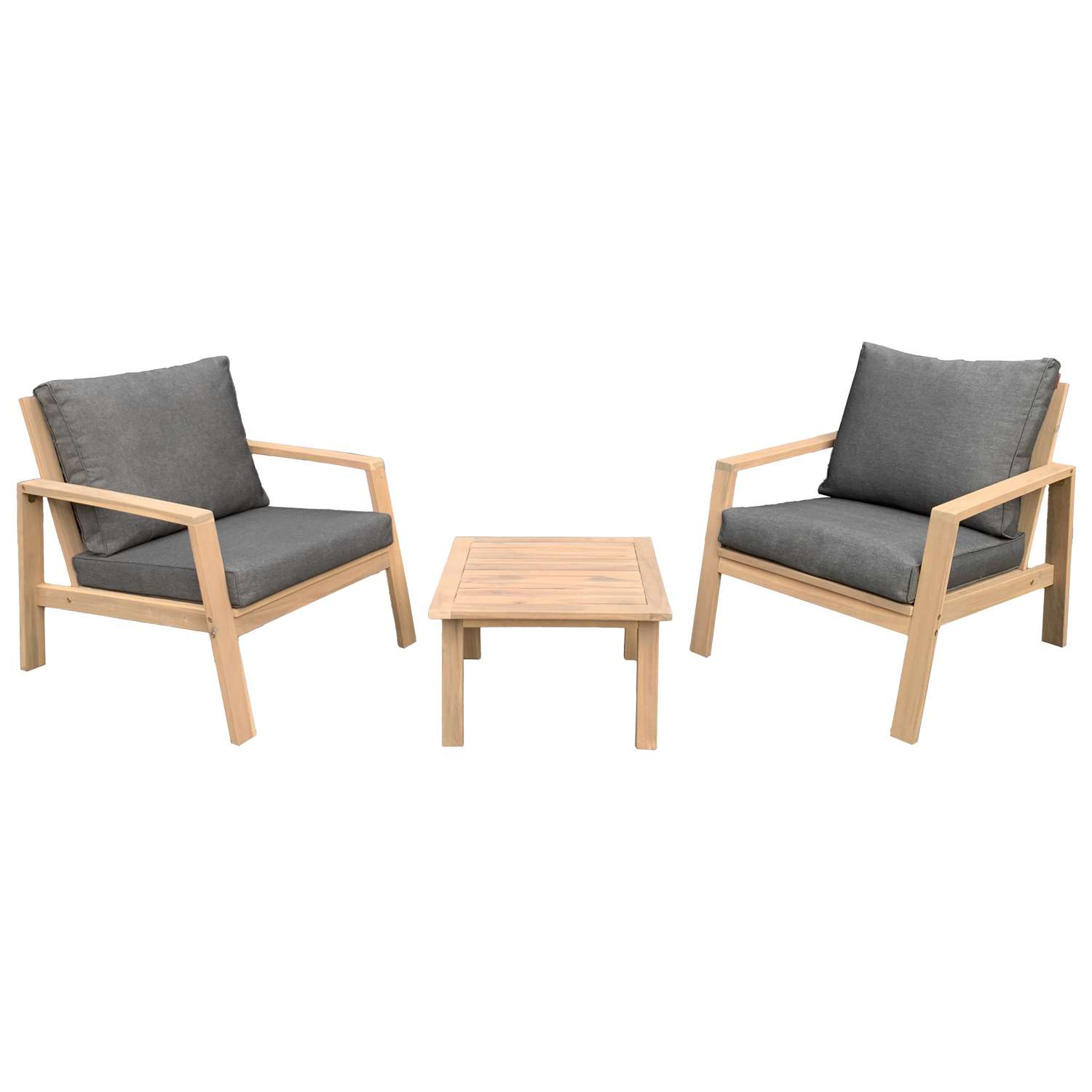 Conjunto de jardim gili em acácia para 2 pessoas com almofadas cinzentas