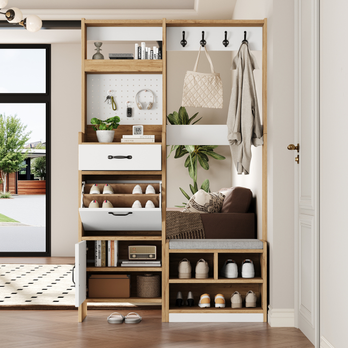 Móvel de entrada com banco 1 porta 1 gaveta branco natural 180x108,5x35cm