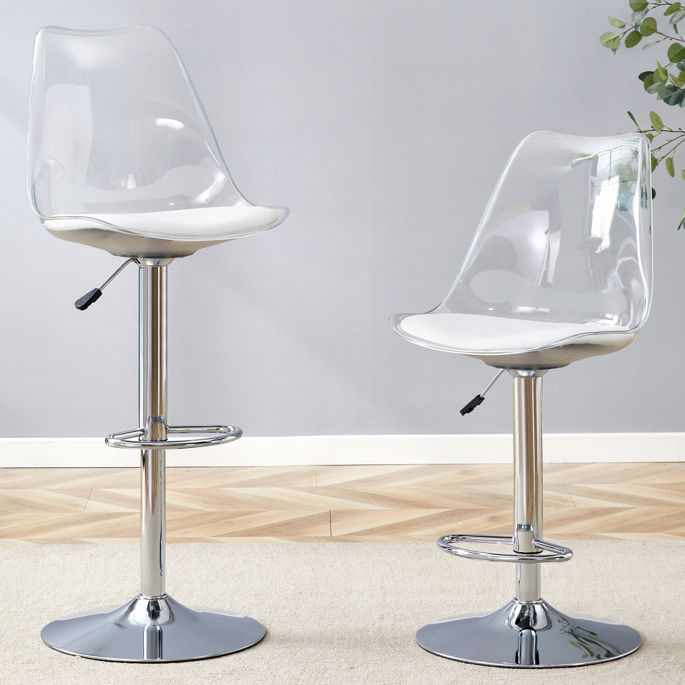 Conjunto de 2 bancos de bar reguláveis em metal e plástico transparente