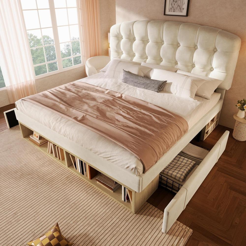 Cama 140x190cm veludo cabeceira ajustável gavetas arrumação bege