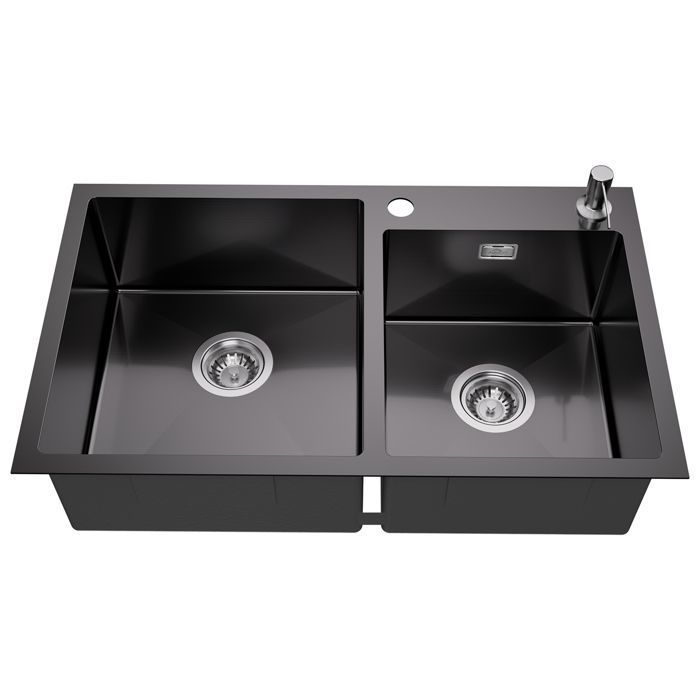 Pia de cozinha - inox - 2 cubas - 75x45x19cm - cinza-preto - dispensador de
