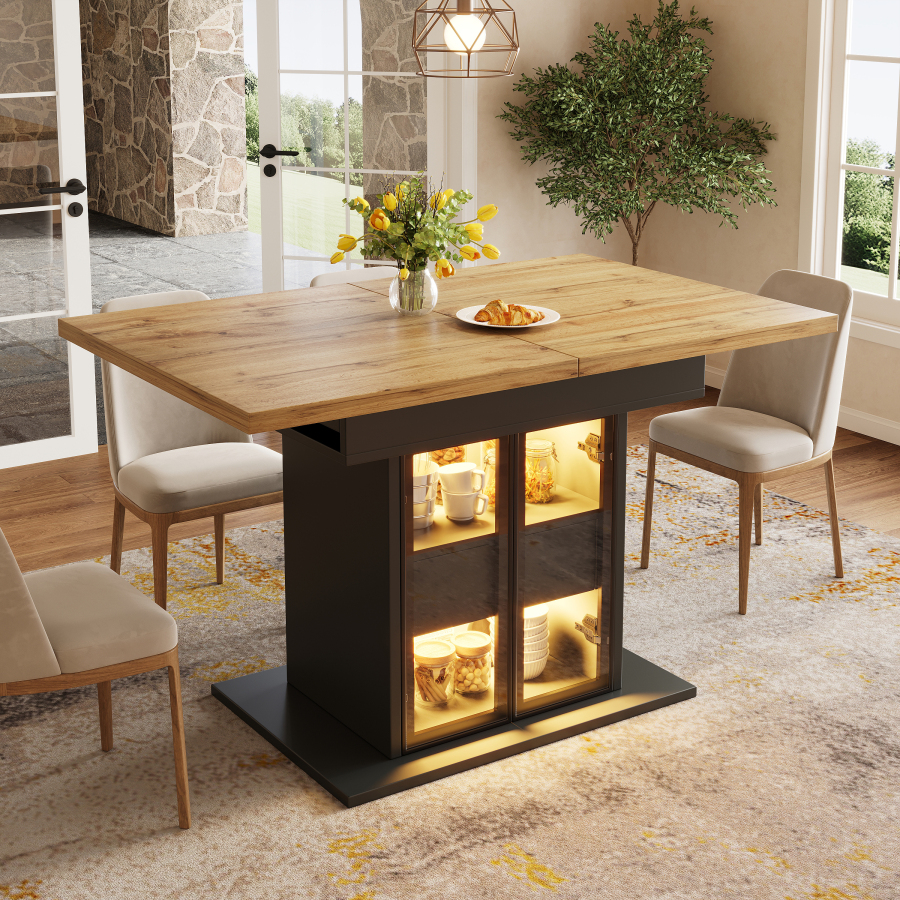 Mesa de comedor extensible con almacenaje y LED negro 77,9x110/140x80cm