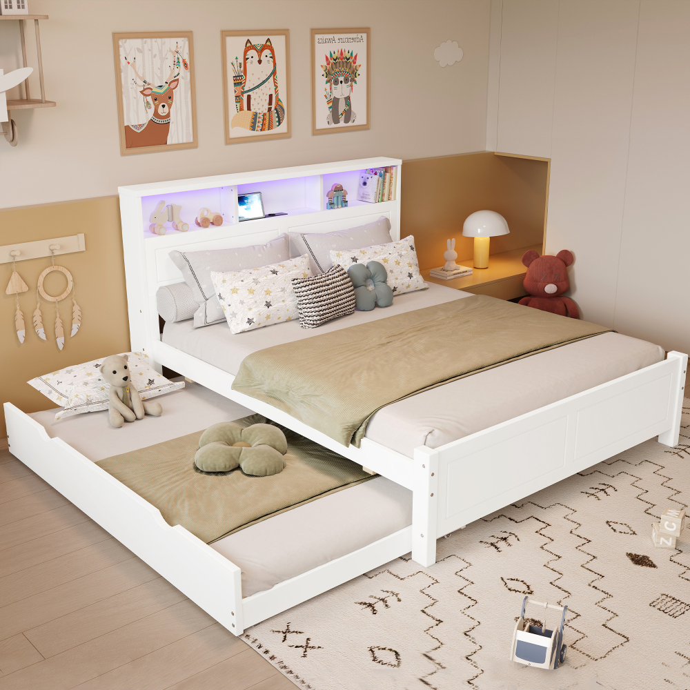 Cama de casal 120x200cm com cama auxiliar arrumação e luzes branco