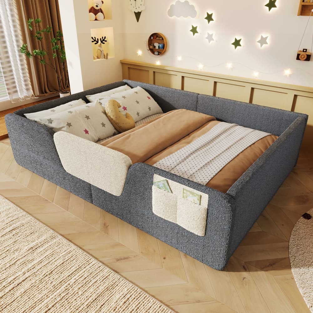 Cama infantil 140x190cm com grelhas e bolsa veludo – cinzento