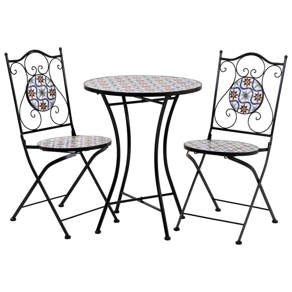 Mesa e duas cadeiras em ferro forjado em mosaico preto, azul e laranja