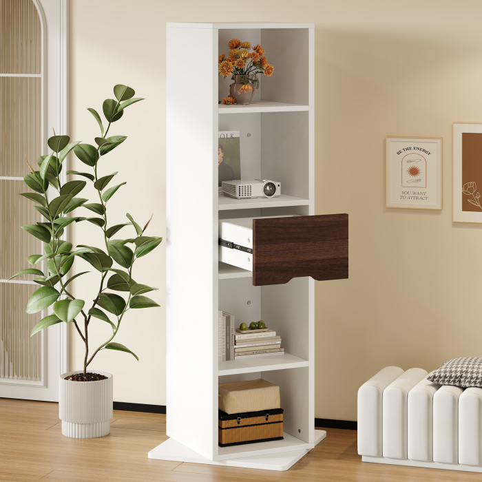 Vitrine giratória com espelho 4 nichos 1 gaveta branco 168x45x45cm