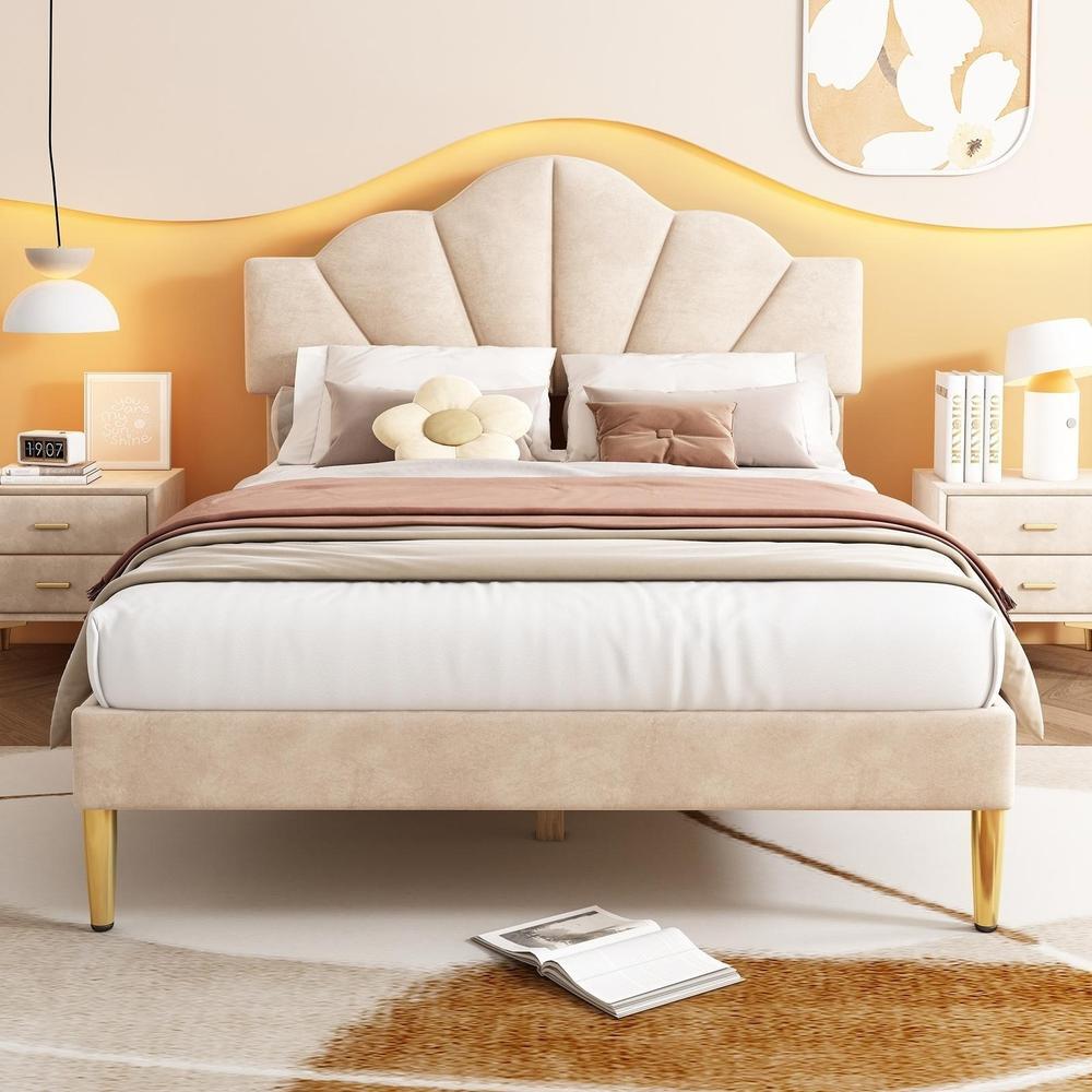 Cama de casal veludo 140x190cm com arrumação beige