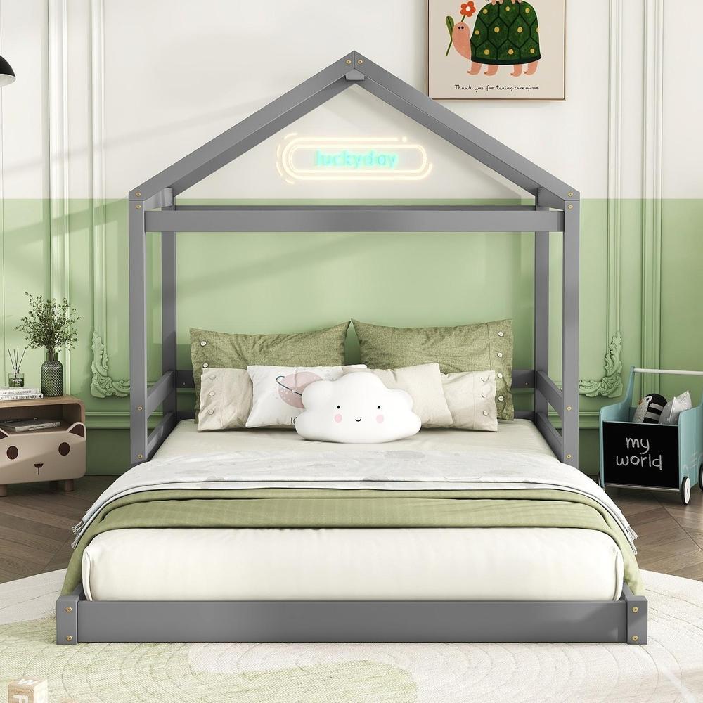 Cama infantil forma casa 140x200cm cinza com somier