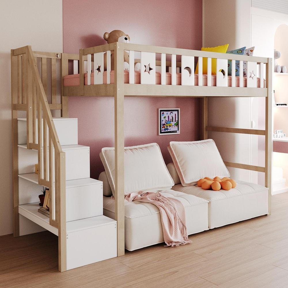 Cama alta infantil 90x200cm madeira maciça natural com escada