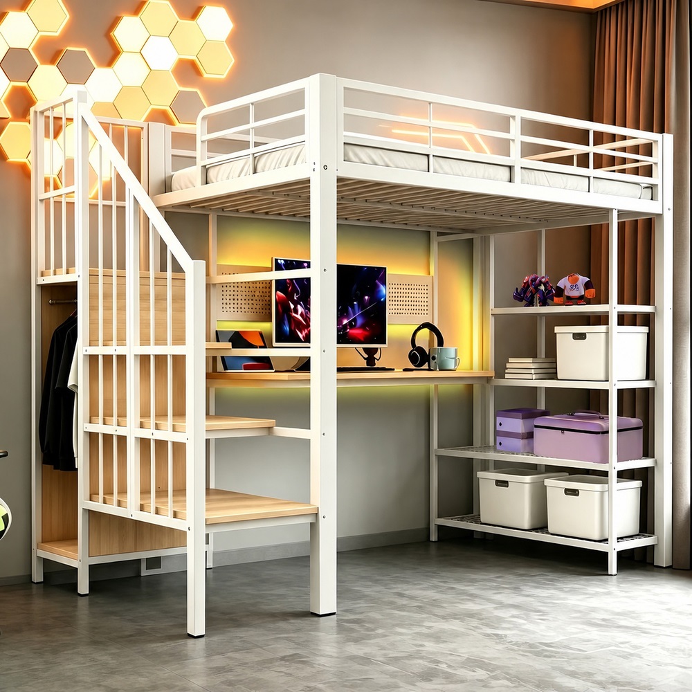 Cama alta em ferro 90x200cm com secretária, arrumação, LED, branca