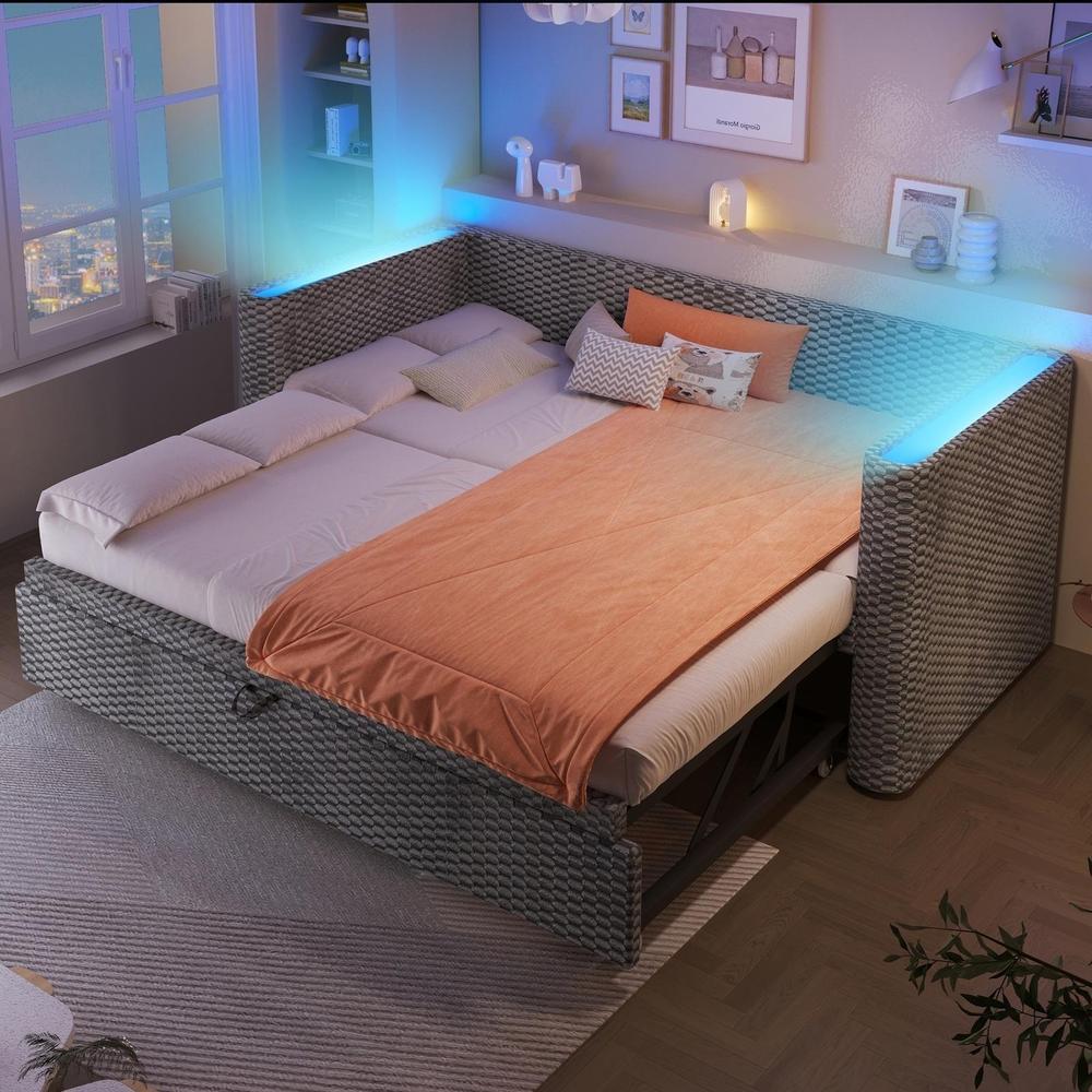 Cama ninho extensível com LED, 90x200cm a 180x200cm, cor cinzento