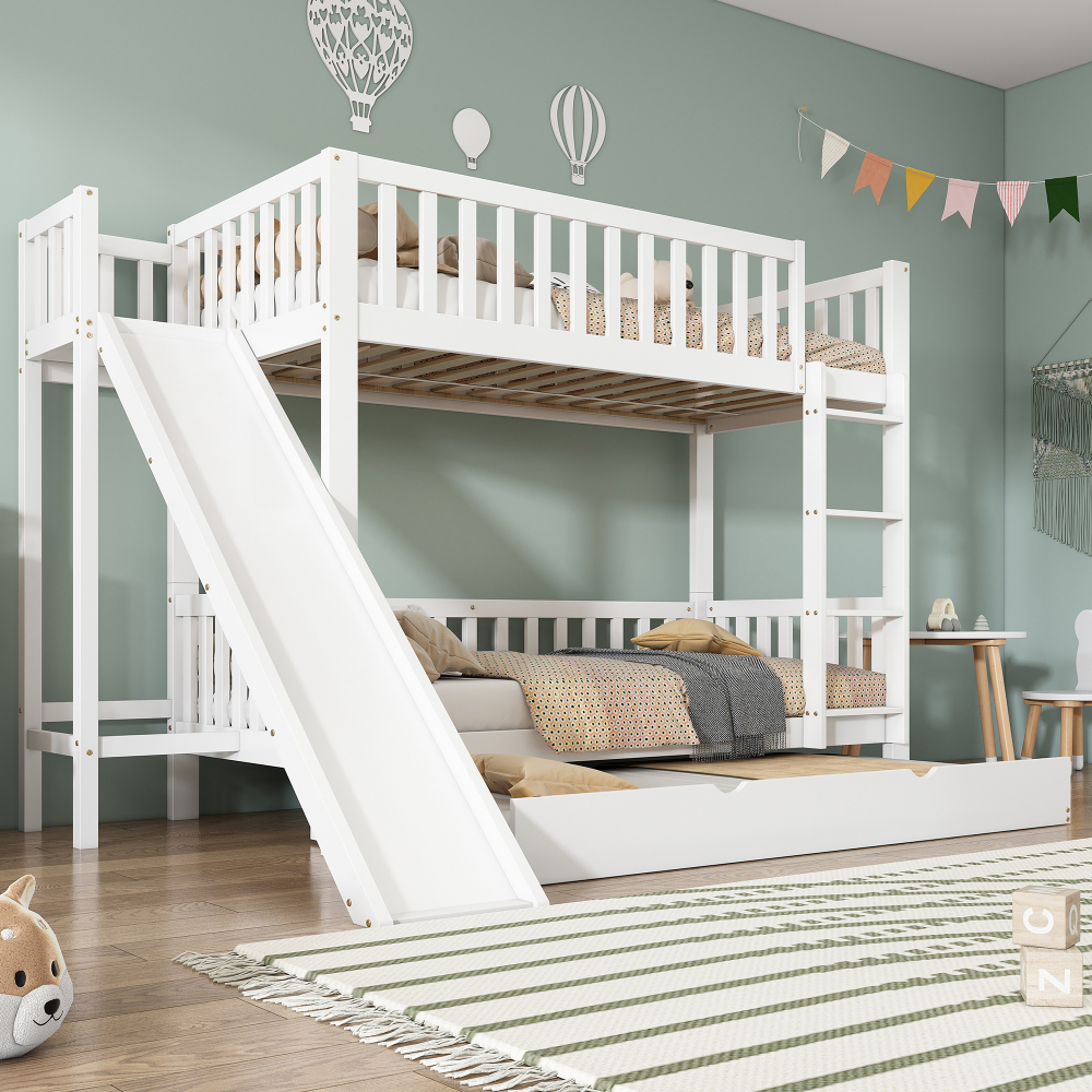 Beliche com cama auxiliar rampa e escada madeira e mdf branco 90x200cm