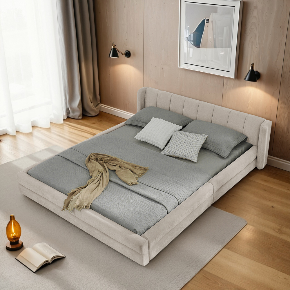 Cama de casal 160x200cm em chenille com cabeceira ergonómica bege