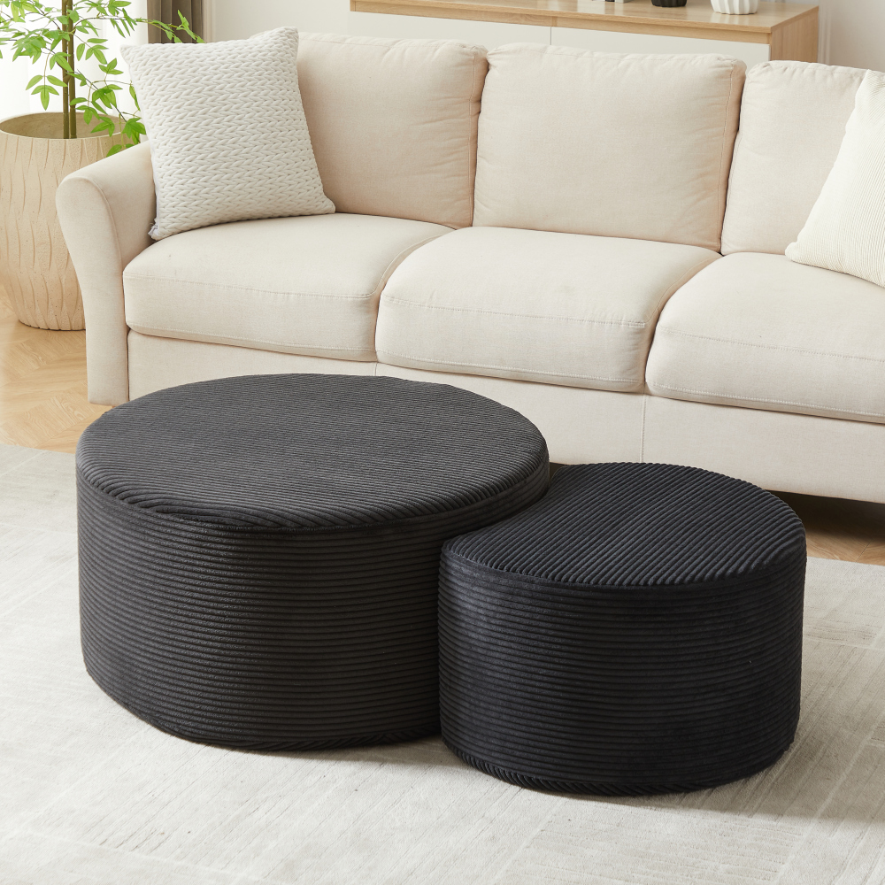Conjunto de 2 mesas pufe redondas em tecido preto 28x84x28cm