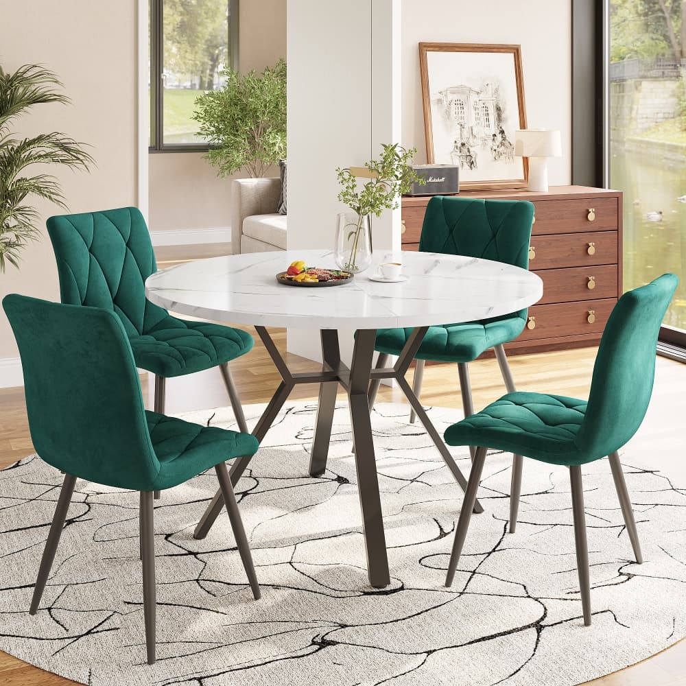 Conjunto mesa de jantar redonda mármore com 4 cadeiras veludo verde