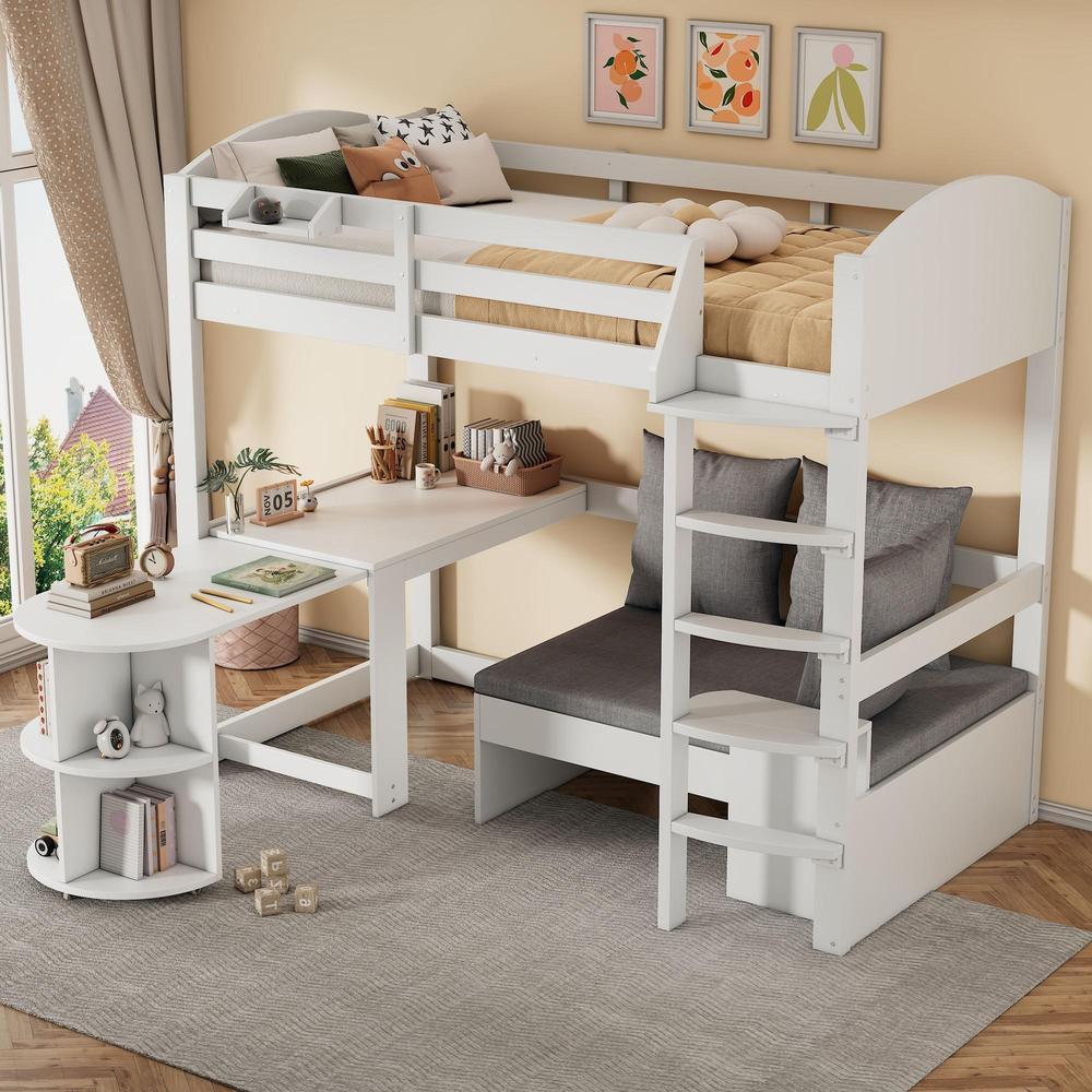Cama alta infantil 90x200cm com secretária, sofá com arrumação branca