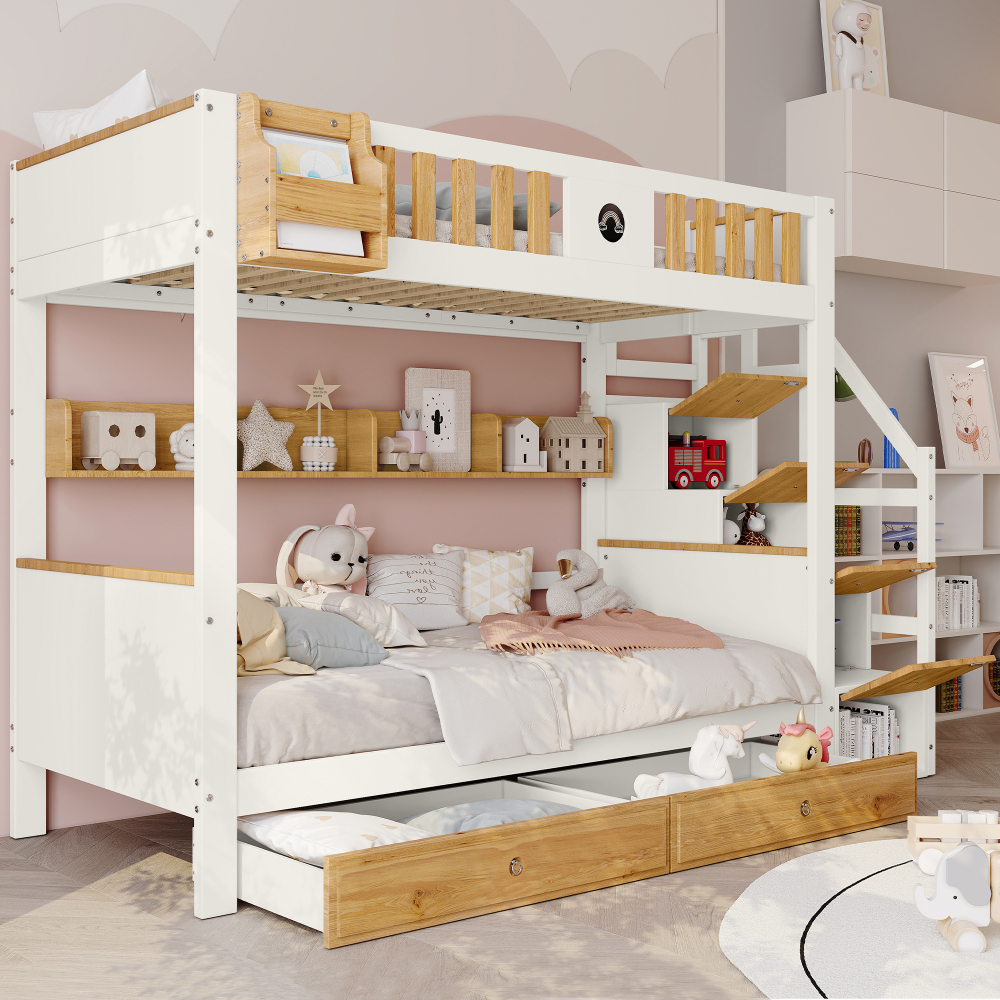 Beliche com arrumação 90x200cm em madeira mdf e pinho branco e natural