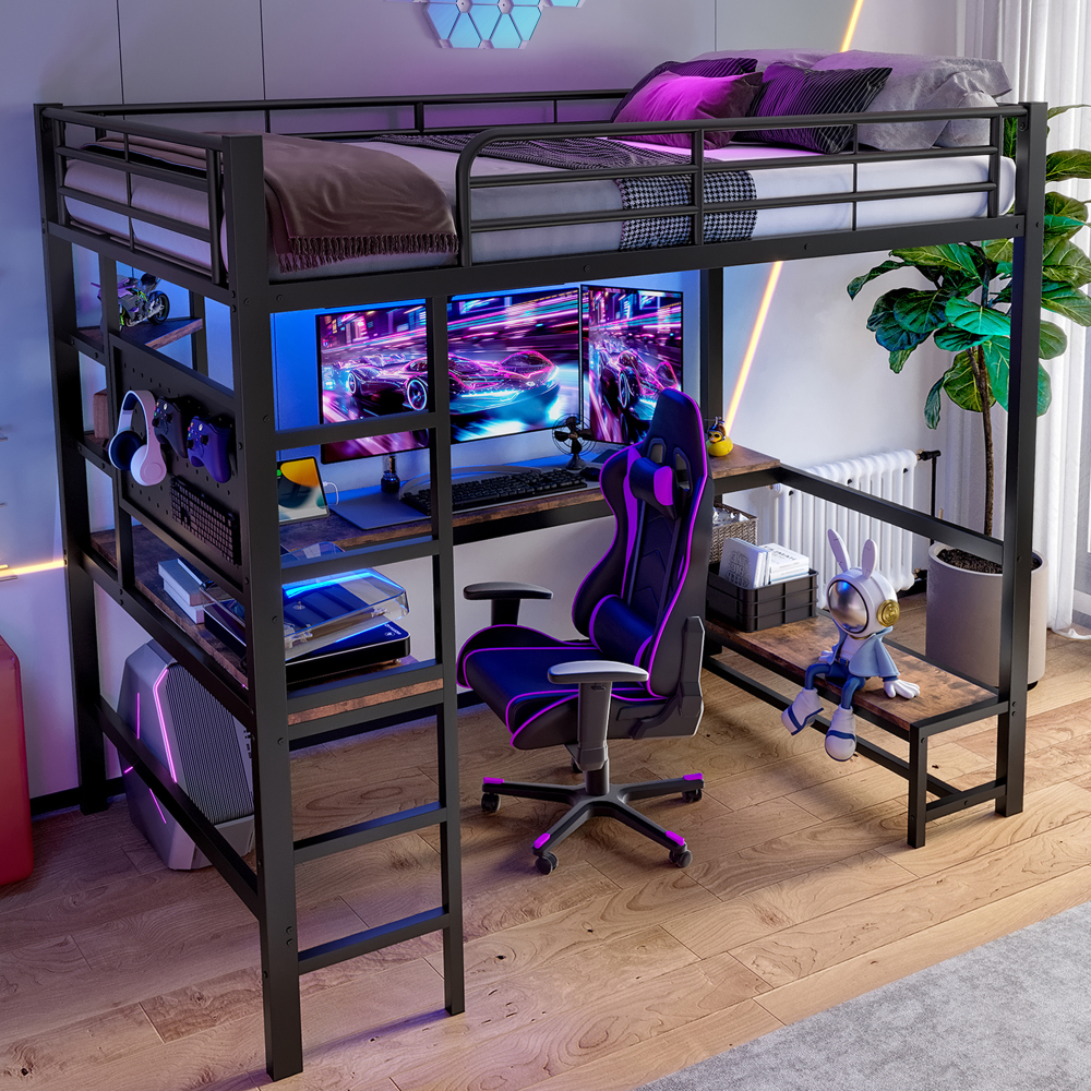 Cama de solteiro 90x200cm com secretária e arrumação metal – preto