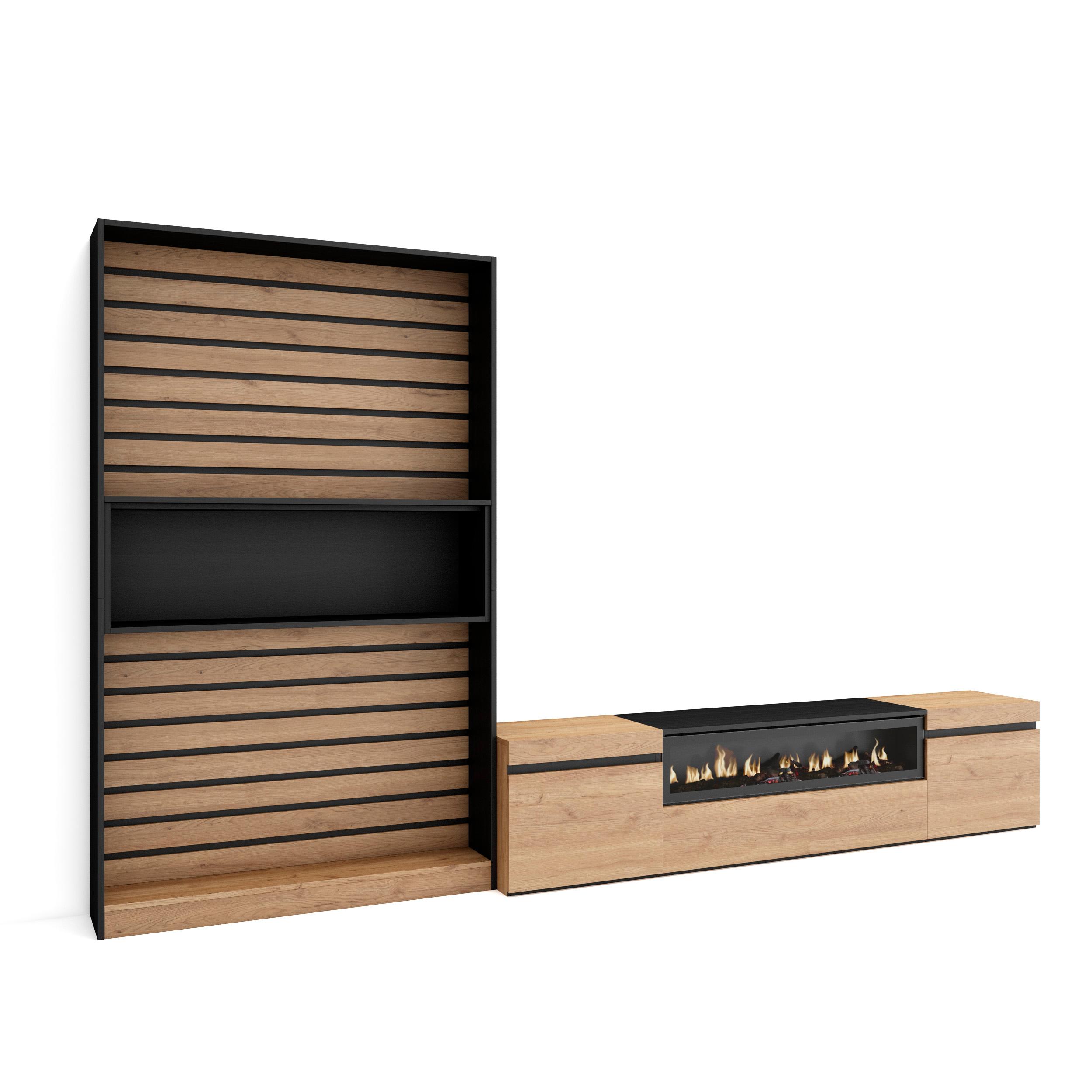 Móveis tv, 310x35x186cm, carvalho e preto, lareira eléctrica rf2862