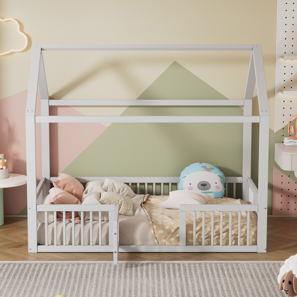 Cama infantil 90x200cm com grade e porta madeira de pinho branca