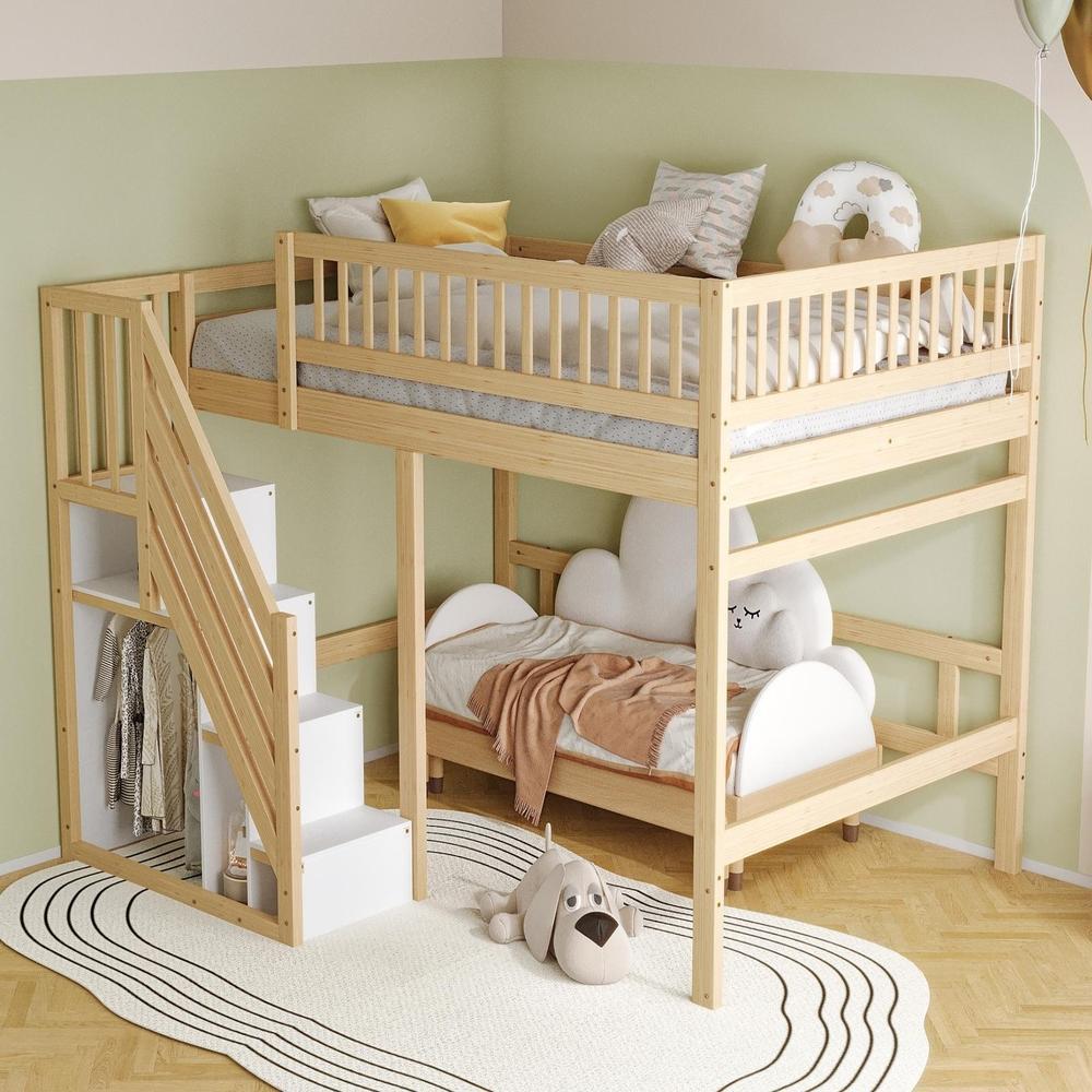 Cama infantil de madeira maciça 140x200cm com escada e arrumação