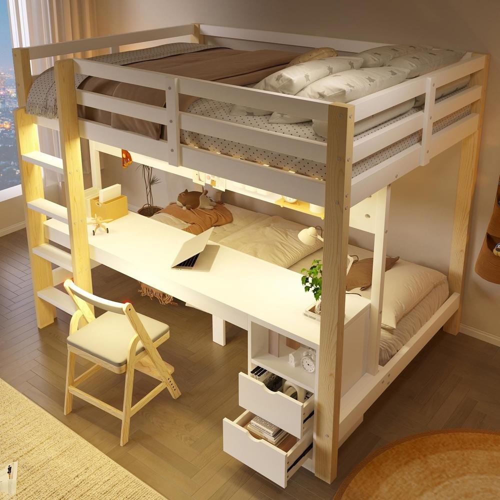 Cama alta 90x200 cm e 140x200 cm com gavetas, secretária, LED, natural