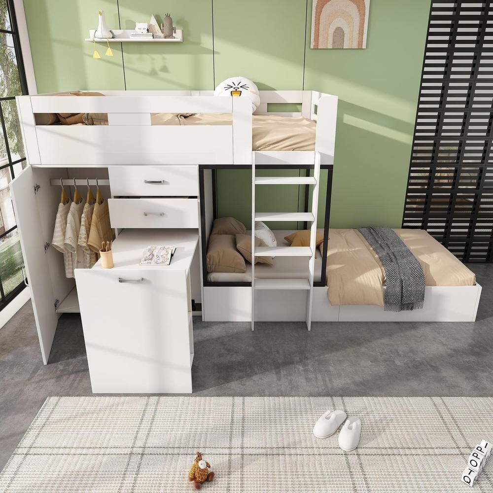 Beliche infantil 90x200cm com escrivaninha, armário e gavetas, branco