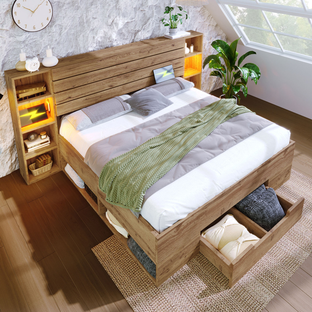 Cama de casal 160x200cm com arrumação e LED madeira carvalho