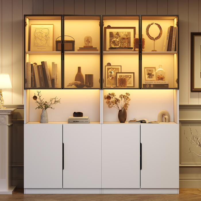 Vitrina com luz LED e portas em vidro branco 200x160x30cm