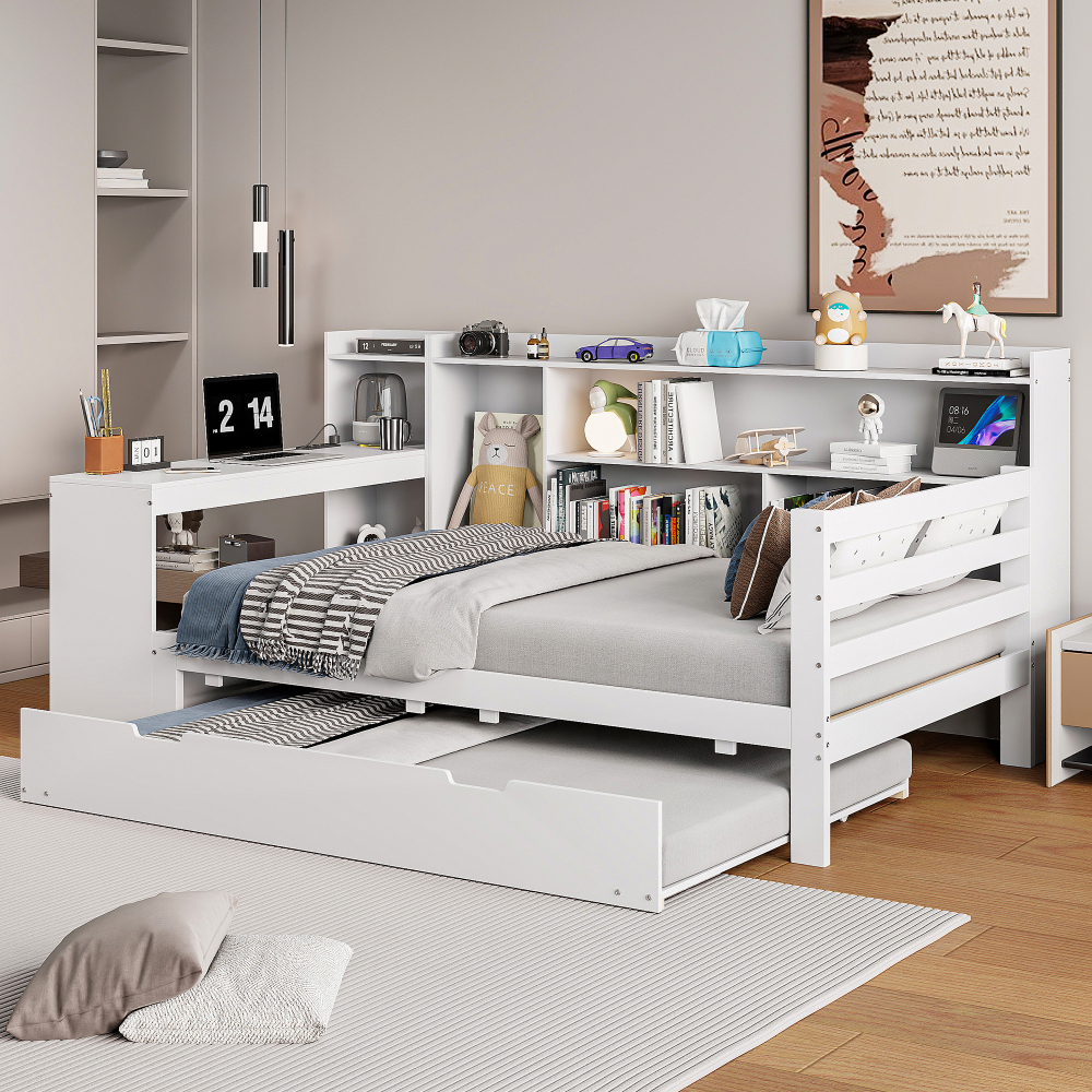 Cama multifuncional 90x200cm com arrumação e tomada madeira – branco