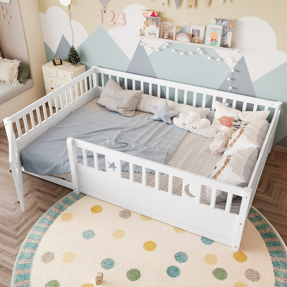 Cama infantil 140x190cm com grade e fecho madeira – branco