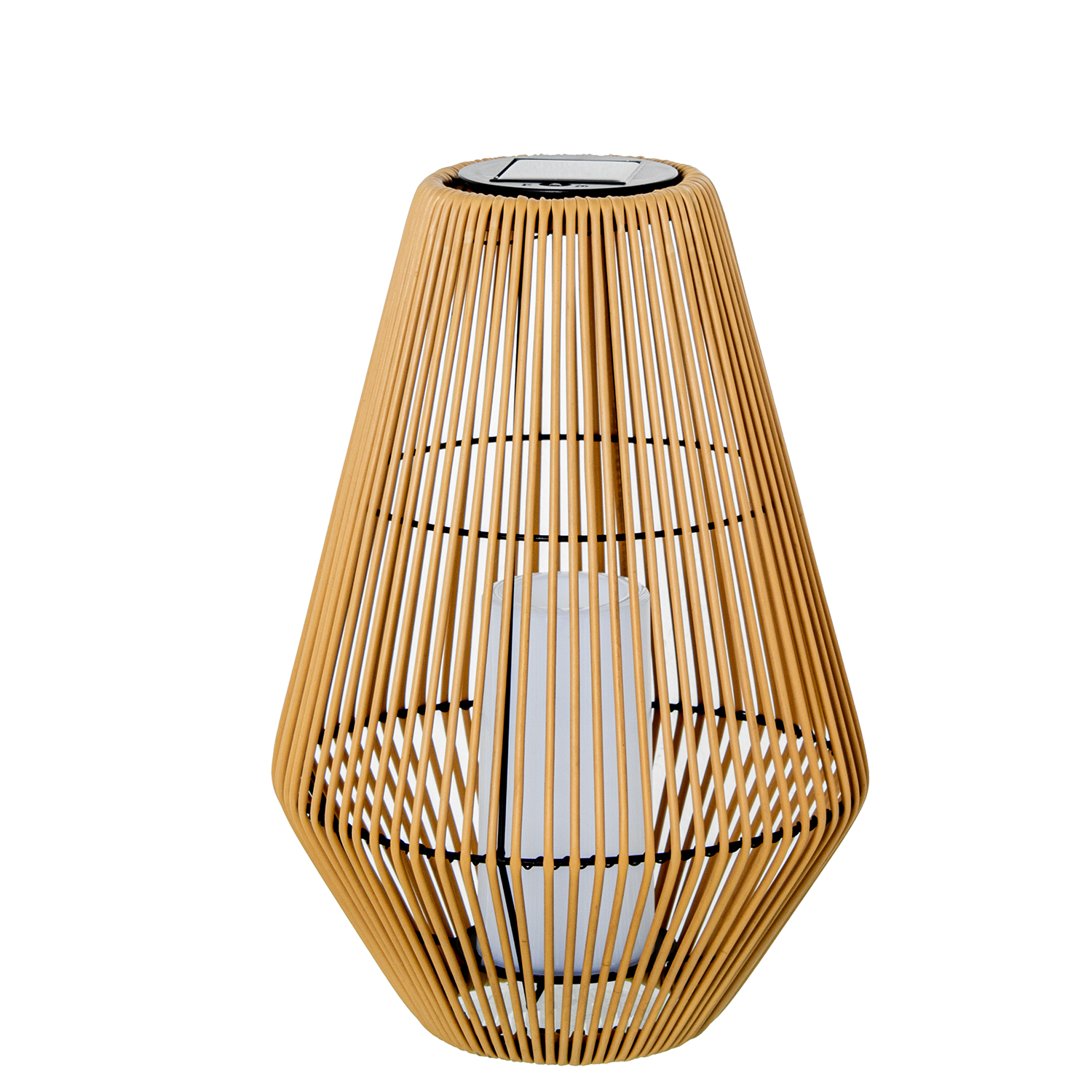 Luminária de mesa solar de 46 cm, base de ferro, pp e pe com vela de LED.