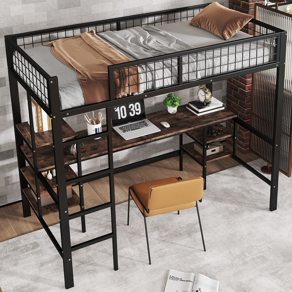 Beliche 90x200cm com mesa e prateleiras metal e madeira preto