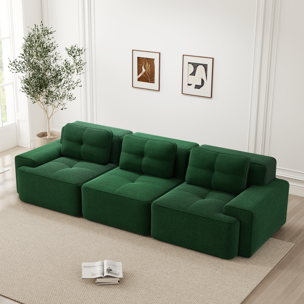Sofá modular 3 lugares em bombazina verde com assento profundo