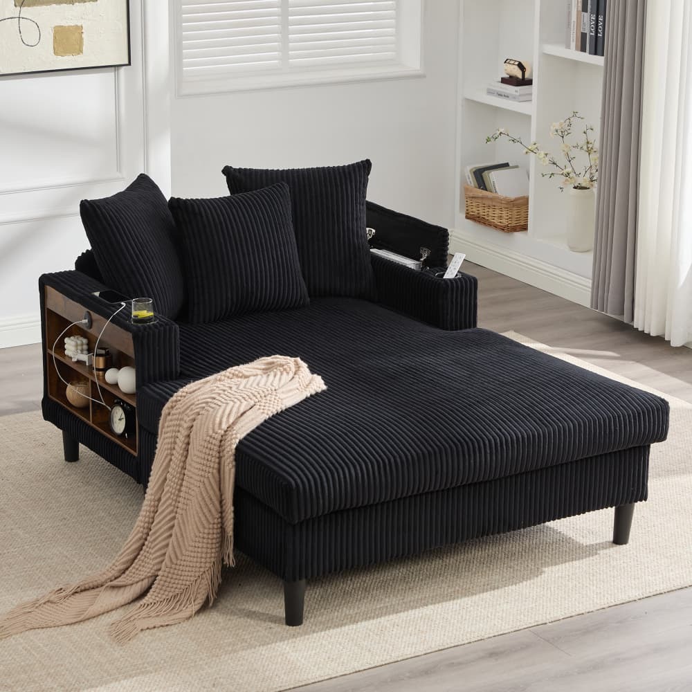 Chaise longue em bombazina preta com LED usb arrumação e porta-copos